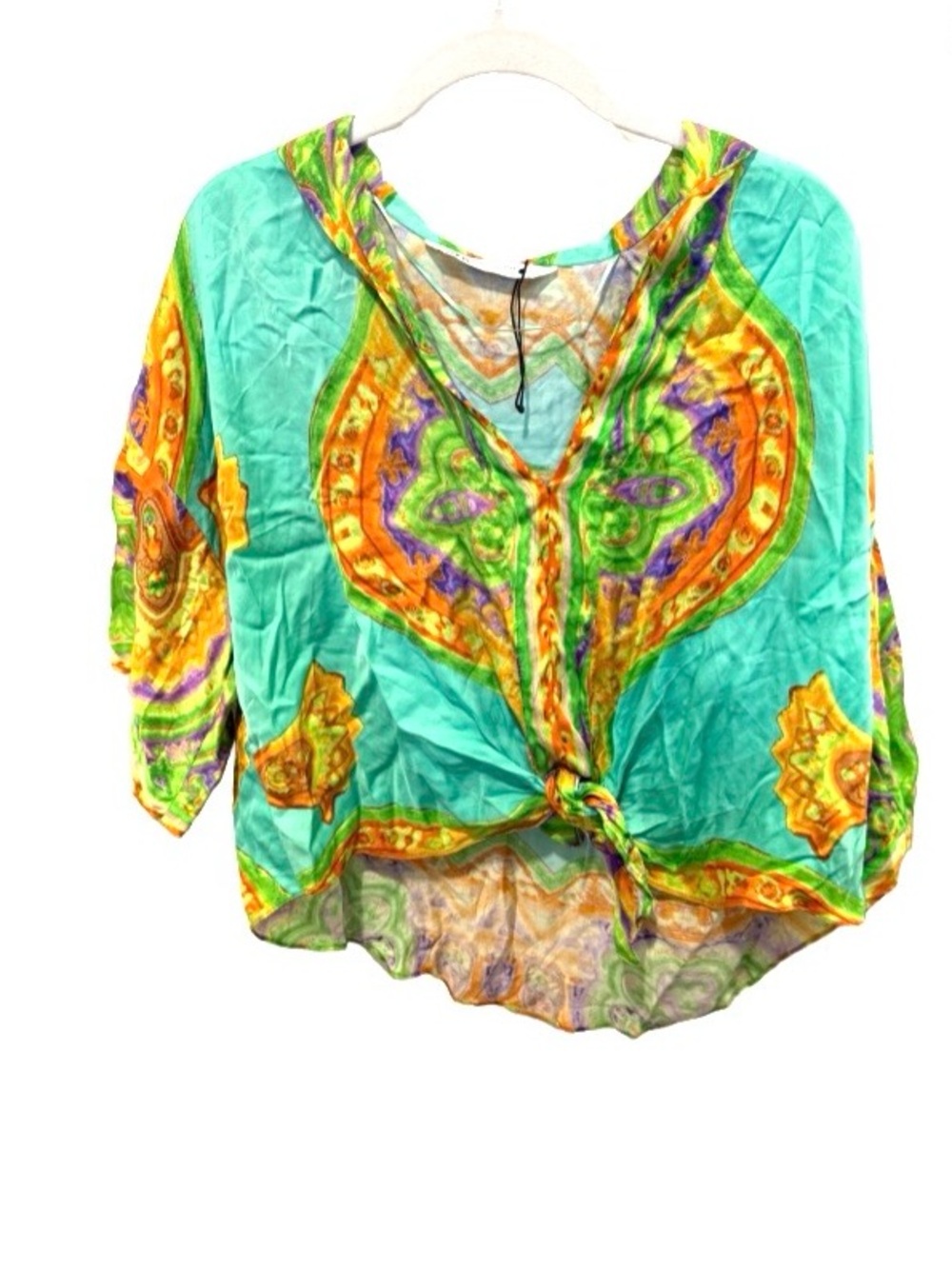 Zara satin Light Teal Boho Tie-Front Women's Top small